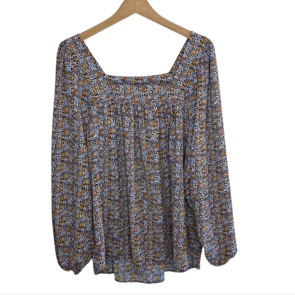 Wonderly | Square Neck Blouse in Dark Navy & Rusty Orange Floral Print Size 2X - Picture 1 of 6